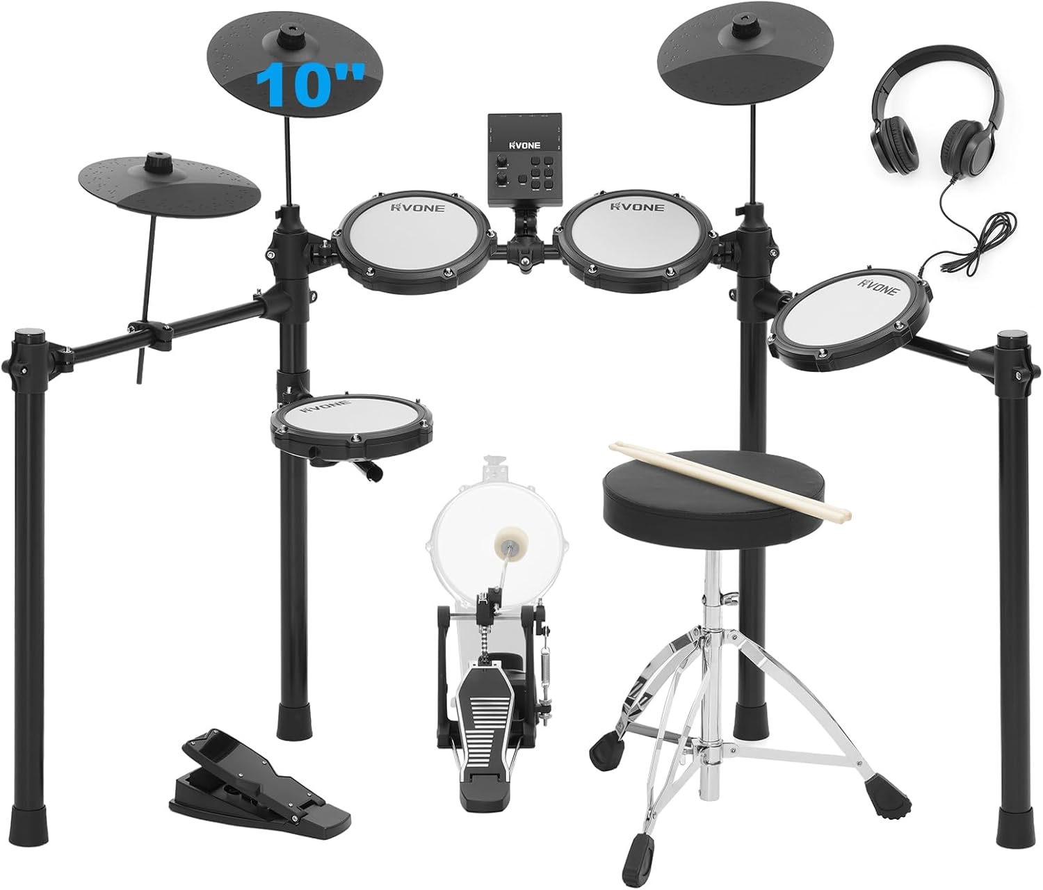 Electric Drum Set with Kick Hammer Pedal, Electronic Drum Kit for Kids Adult Beginner with 150 Sounds, 10 Cymbals, 4 Quiet Mesh Pads, all-in-one drum set with Throne, Headphones, Sticks